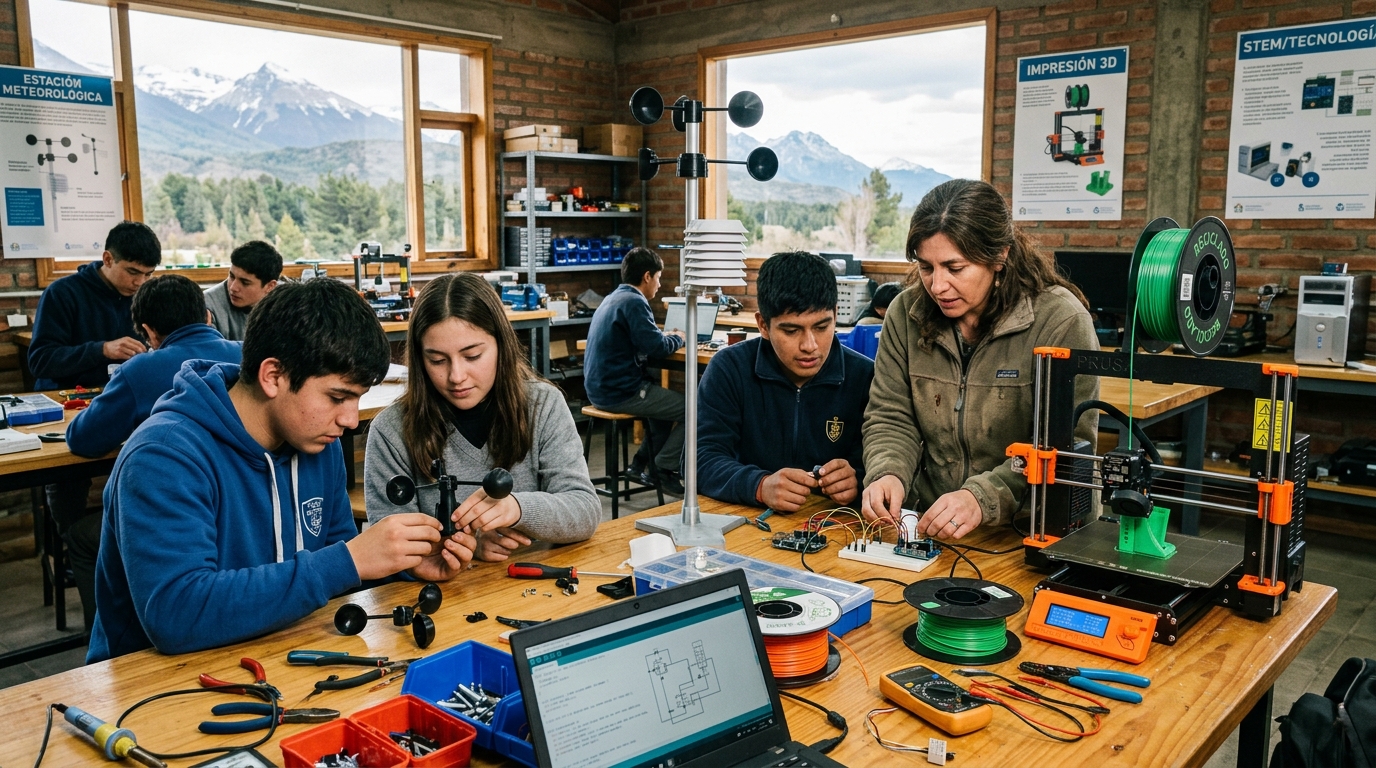 Estudiantes en taller de impresión 3D y robótica fabricando microestaciones meteorológicas